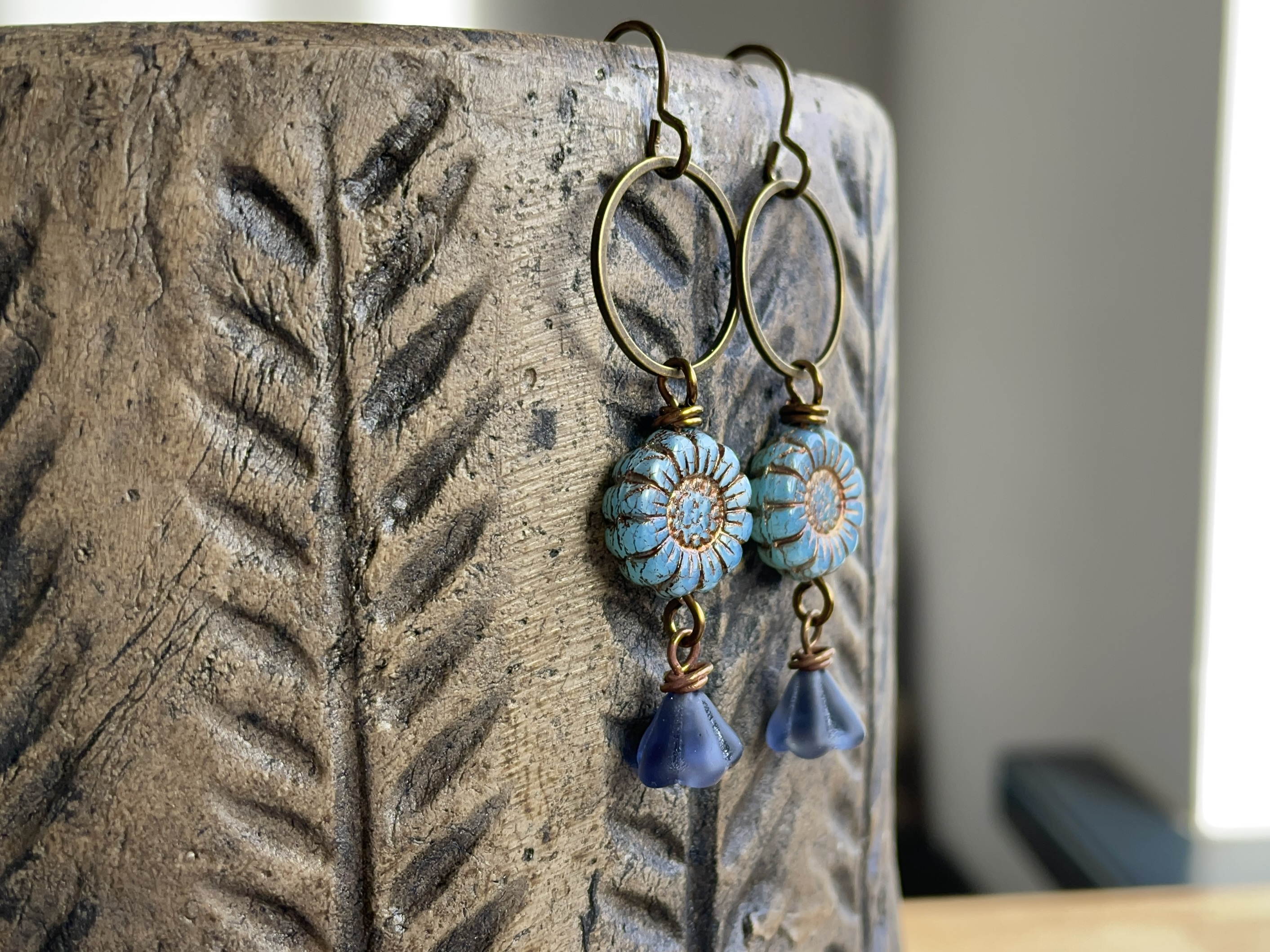 blue glass sunflower earrings