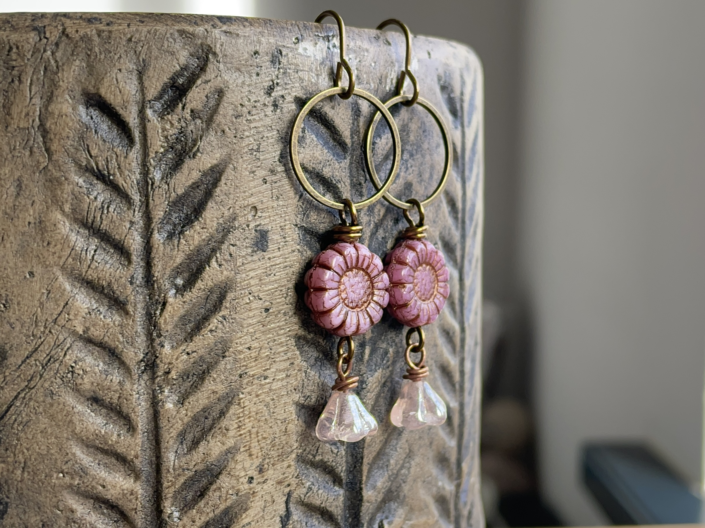 pink glass sunflower earrings