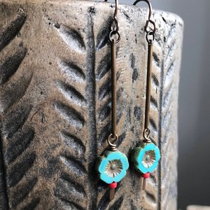 Aqua Turquoise Flower Earrings - Rustic Czech Glass, Long Bohemian Style, Hand Antiqued Brass, Lightweight and Colourful