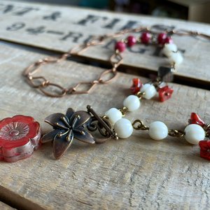 Bohemian Style Czech Glass Necklace. Flower Necklace. Copper, Cream & Red Necklace. Mixed Media Jewellery