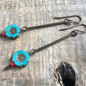 Aqua Turquoise Flower Earrings - Rustic Czech Glass, Long Bohemian Style, Hand Antiqued Brass, Lightweight and Colourful