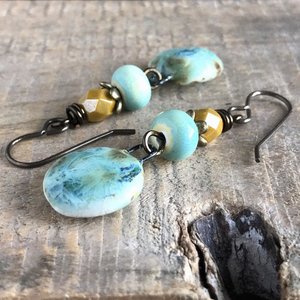 Rustic Yellow & Green Ceramic Dangle Earrings - Artisan Crafted Pottery Jewellery