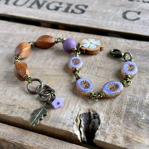 Czech Glass & Wooden Bead Bracelet. Rustic Lilac Beaded Bracelet. Azelea Flower Charm Bracelet. Nature Inspired Jewellery