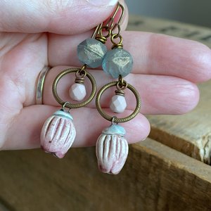 Unique Artisan Ceramic Drop Earrings. Bell Flower Earrings. Czech Glass Earrings. Seafoam, Aqua & Pink Earrings