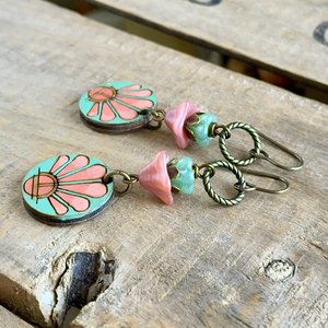 Colourful Hand Painted Wooden Charm Earrings. Czech Glass Flower Earrings. Summer Jewellery. Bohemian Style Jewellery