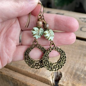 Maple Leaf Earrings. Mint Green Czech Glass Earrings. Nature Jewellery. Statetment Earrings. Bohemian Style Jewellery