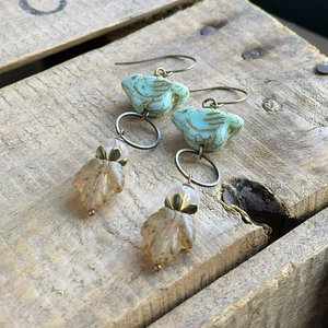 Whimsical Mint Green Bird Earrings. Nature Inspired Earrings. Rustic Czech Glass Earrings