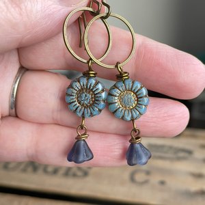 Rustic Blue Czech Glass Flower Earrings. Sunflower Bead Earrings. Bohemian Style Floral Earrings