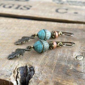 Rustic Czech Glass Acorn Earrings. Turquoise & Bronze Earrings. Oak Leaf Charm Earrings. Woodland Earrings