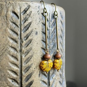 Golden Yellow Maple Leaf Earrings. Rustic Czech Glass Earrings. Autumn Earrings. Brass Earrings. Simple Boho Earrings