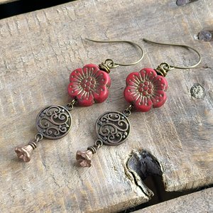 Red Anemone Blossom Earrings. Czech Glass Anemone Flower Earrings. Rustic Red & Copper Earrings. Bohemian Style Earrings