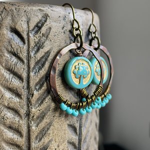 Turquoise Czech Glass Tree of Life Earrings. Bohemian Style Wire Wrapped Hoops. Colourful Summer Jewellery