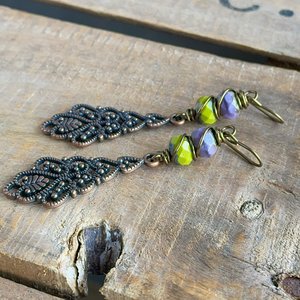 Colourful Purple & Lime Green Czech Glass Earrings. Copper Filigree Drop Earrings. Long Boho Earrings. Wirework Earrings