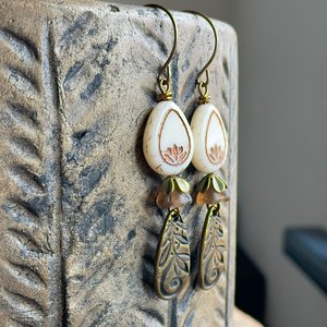 Bohemian Style Lotus Blossom Earrings. Czech Glass Lotus Flower Earrings. Teardrop Earrings. Brass Floral Charm Earrings