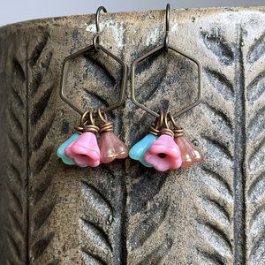 Colourful Czech Glass Flower Earrings. Floral Cluster Earrings. Brass Earrings. Multi Colour Earrings