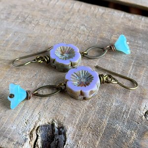 Lavender and Blue Floral Czech Glass Earrings. Boho Flower Jewellery for Spring. Nature Lover Gift Ideas