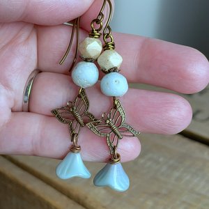 Rustic Seafoam Blue Butterfly Earrings - Whimsical Bohemian Style Jewellery, Nature Inspired