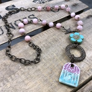 Whimsical Ceramic Birdhouse Necklace - Pink & Turquoise Handmade Jewellery