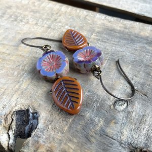 Czech Glass Leaf & Flower Earrings in Orange and Purple. Nature Inspired Rustic Jewellery