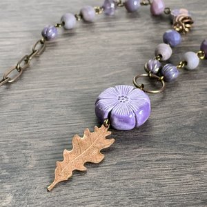 Rustic Copper Leaf Necklace. Purple Beaded Necklace. One of a Kind Mixed Media Necklace. Inspired by Nature