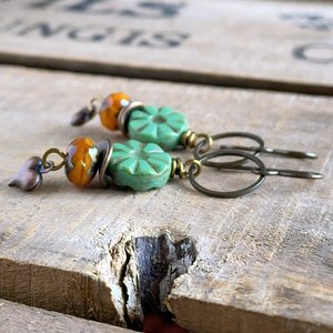Green & Orange Czech Glass Earrings. Bohemian Style Earrings. Colourful Glass Bead Earrings. Summer Festival Jewellery
