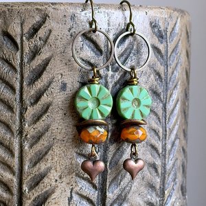 Green & Orange Czech Glass Earrings. Bohemian Style Earrings. Colourful Glass Bead Earrings. Summer Festival Jewellery
