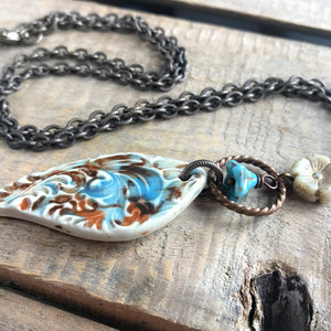 Handcrafted Ceramic Teardrop Pendant - Rustic Blue Cream & Brown Necklace - Unique Brass Chain Jewellery