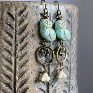 Czech Glass Owl Earrings. Nature Inspired Earrings. Whimsical Earrings. Duck Egg Bird Earrings