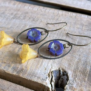 Bohemian Style Floral Earrings - Brass Earrings - Lightweight Czech Glass & Lucite Flower Earrings
