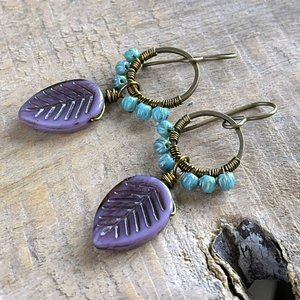 Colourful Lavender & Turquoise Glass Earrings - Wire Wrapped Hoops, Purple Leaf Design, Handcrafted Jewellery