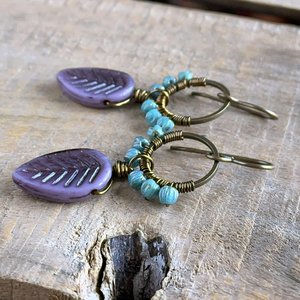 Colourful Lavender & Turquoise Glass Earrings - Wire Wrapped Hoops, Purple Leaf Design, Handcrafted Jewellery