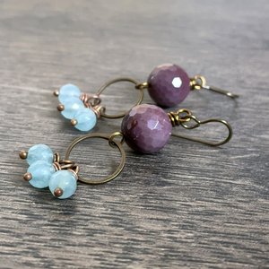 Sparkling Mookaite Semi Precious Earrings - Bohemian Cluster Earrings in Purple & Blue 