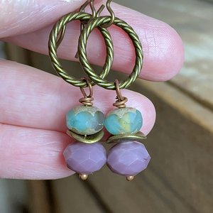 Colourful Lavender & Turquoise Glass Bead Earrings. Faceted Earrings. Brass Hoop Earrings. Bohemian Style Summer Jewellery