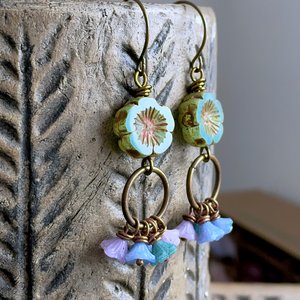Colourful Czech Glass Flower Earrings. Cluster Earrings. Multi Colour Earrings. Boho Floral Earrings. Bohemian Style Jewellery