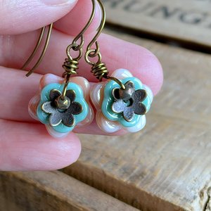 Czech Glass Flower Earrings. Pastel Peach & Turquoise Floral Earrings. Blossom Earrings. Stacked Earrings. Multi Colour Earrings