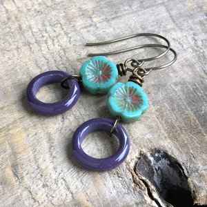 Boho Chic Floral Hoops, Artisan Lampwork Earrings, Unique Colourful Jewellery for Summer