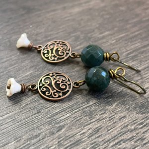 Dark Green Indian Agate Earrings with Glass Flowers - Bohemian Gemstone Jewellery