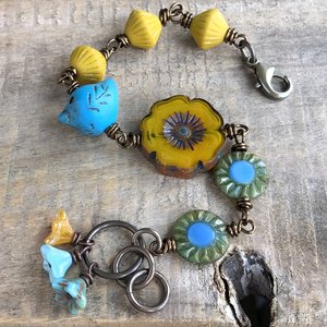Yellow & Blue Czech Glass Bracelet. Whimsical One of a Kind Bracelet. Colourful Bird Bracelet