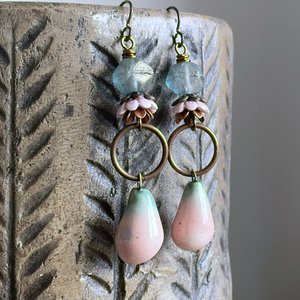 Unique Artisan Ceramic Drop Earrings. One of a Kind Statement Earrings. Pottery Earrings. Blush Pink & Aqua Earrings