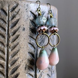 Unique Artisan Ceramic Drop Earrings. One of a Kind Statement Earrings. Pottery Earrings. Blush Pink & Aqua Earrings