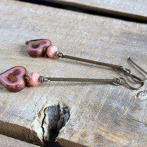 Coral Pink Heart Earrings. Czech Glass Earrings. Heart Shaped Earrings. Brass Earrings. Long Bohemian Earrings