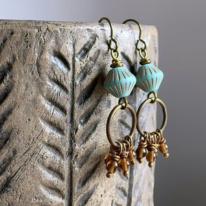 Turquoise & Amber Czech Glass Earrings. Bohemian Style Cluster Earrings. Autumnal Earrings