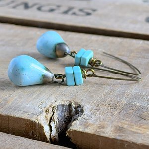 Turquoise Blue Artisan Ceramic Drop Earrings – Handcrafted Rustic Drops, One of a Kind Jewellery