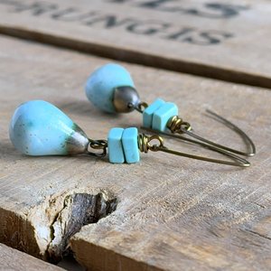 Turquoise Blue Artisan Ceramic Drop Earrings – Handcrafted Rustic Drops, One of a Kind Jewellery