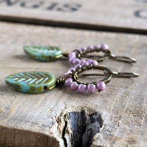 Earthy Turquoise Green Leaf Earrings - Wire Wrapped Czech Glass Hoops, Spring Inspired Jewellery