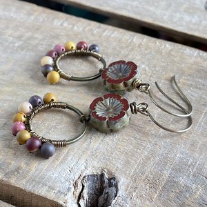 Rustic Czech Glass Flower Earrings. Semi Precious Mookaite Earrings. Wire Work Earrings. Bohemian Style Hoop Earrings