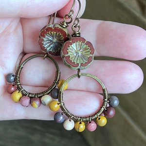 Rustic Czech Glass Flower Earrings. Semi Precious Mookaite Earrings. Wire Work Earrings. Bohemian Style Hoop Earrings