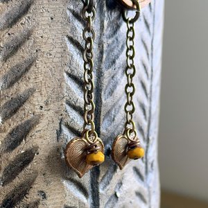 Long Bohemian Style Earrings. Golden Yellow Earrings. Hand Painted Wooden Earrings. Brass Leaf Charm Earrings