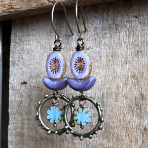 Colourful Lilac & Aqua Glass Bead Earrings - Bohemian Style Dangle Earrings, Lightweight Stacked Design