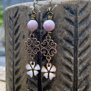Wooden Azalea Blossom Earrings. Hand Painted Wood Charm Earrings. Copper Filigree Earrings